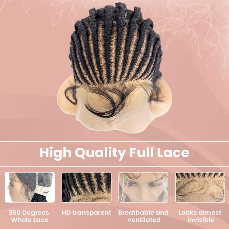 Miniatura 4 de Passion is Beauty - Peluca de encaje completo sin nudos Fulani Box trenzado con pelo de bebé, pelucas de encaje sintético (24 pulgadas, 1B negro