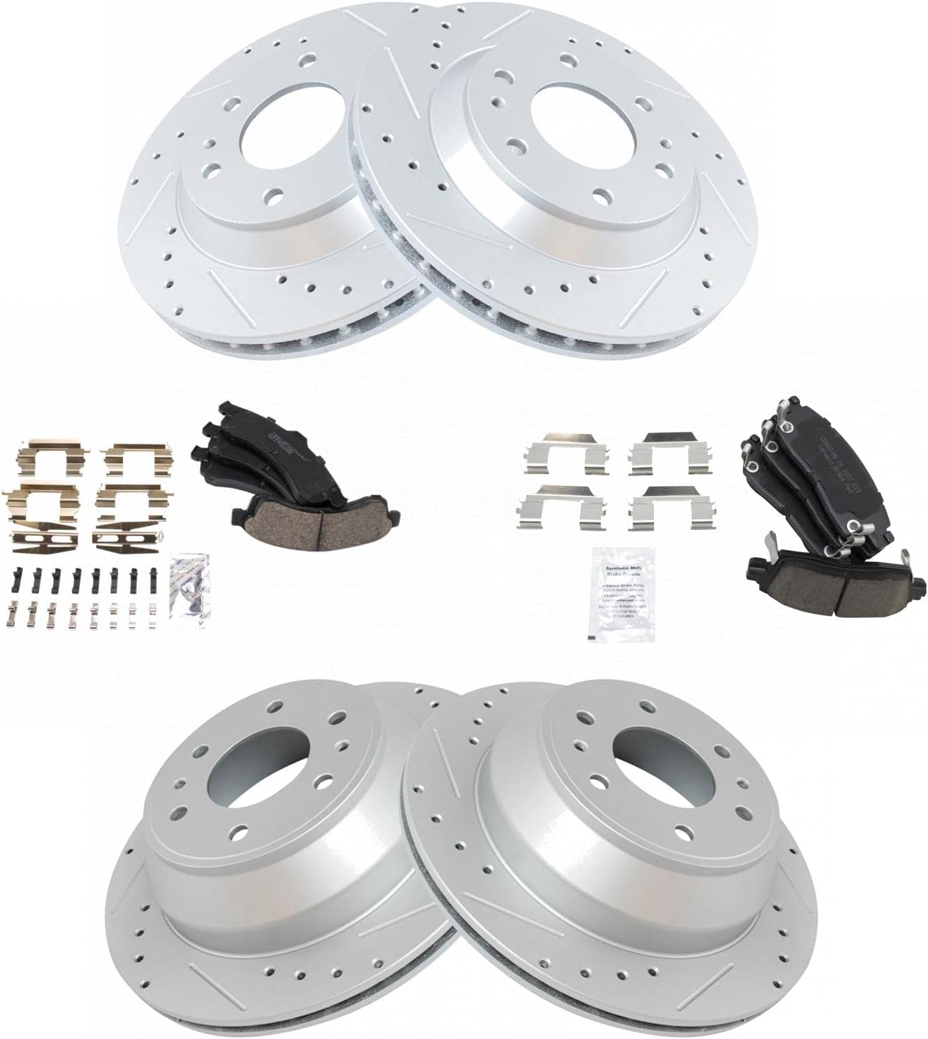 TRQ Front & Rear Brake Pad & Rotor Kit Ceramic Premium G-Coated Slotted X Drilled Compatible with 2004-2005 Buick Rainier 2002-2005 Chevrolet Trailblazer 2002-2004 GMC Envoy Oldsmobile Bravada