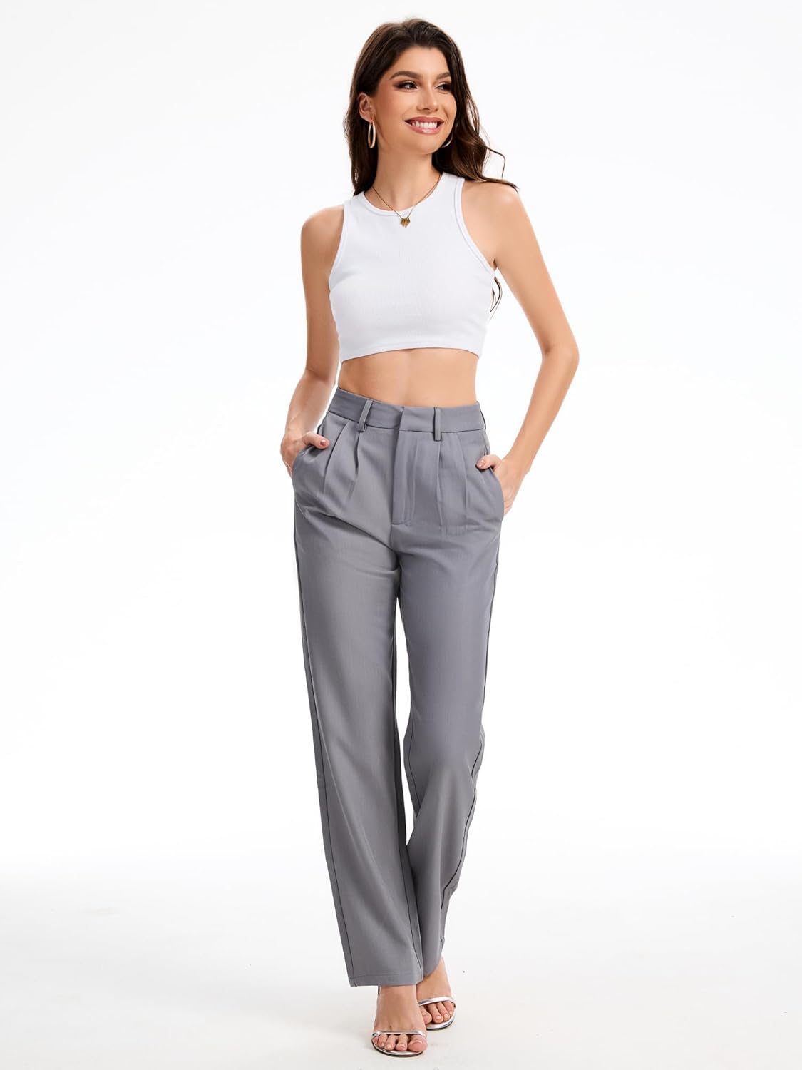 High Waisted Work Dress Pants for Women Straight Leg Business Casual Trousers with Pocket - Image 3