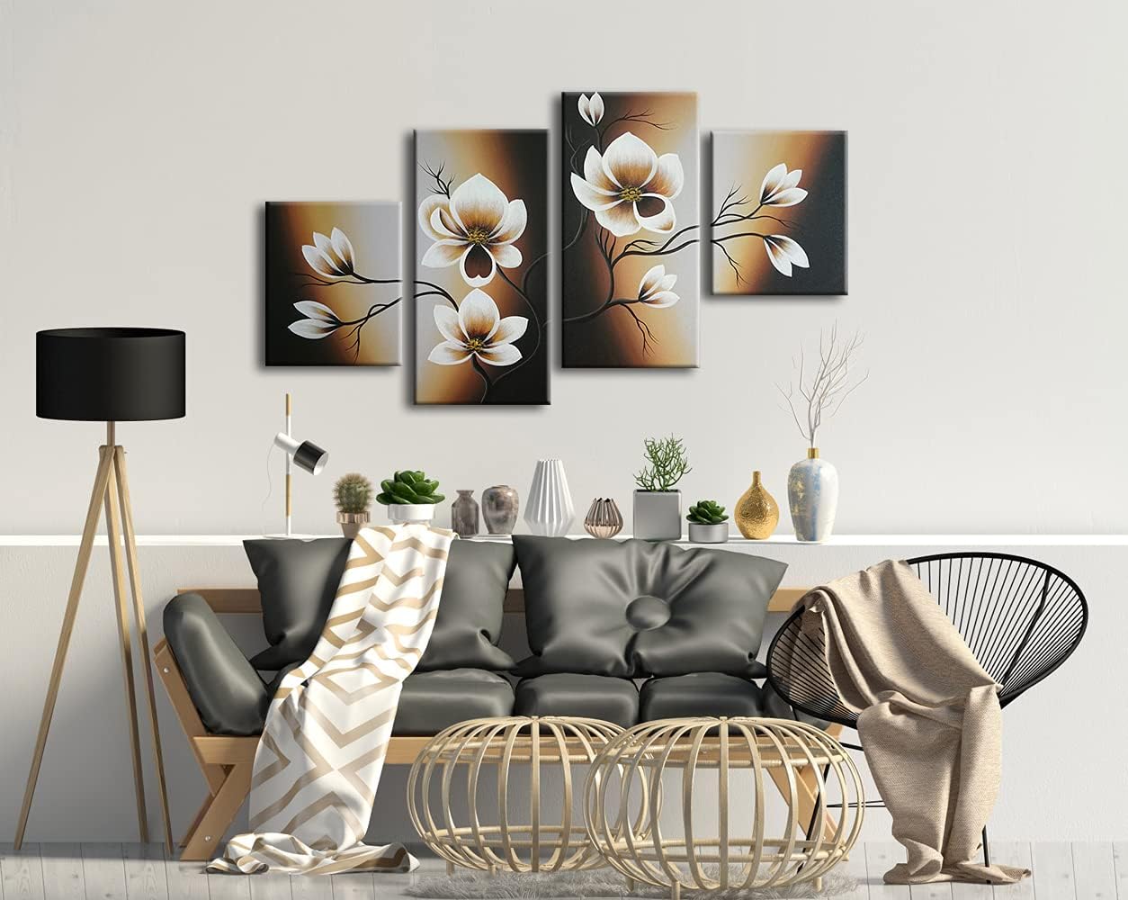 Wieco Art 100% Hand-painted Abstract Floral Oil Painting on Canvas Warm Day Yellow Flowers Bloom Ready to Hang for Living Room Bedroom Home Decorations 4pcs/set