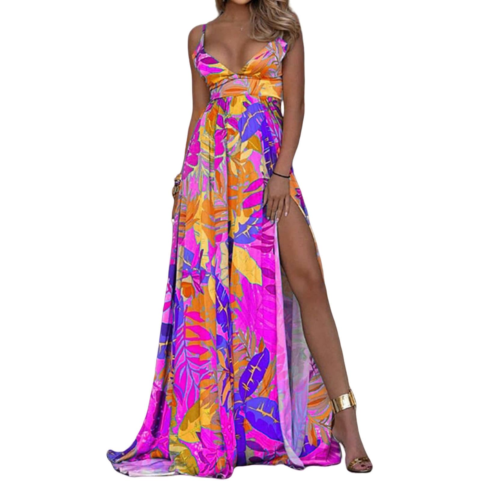 Abiti da Donna Abito Estivo con Foglie, Elastico su Quattro Lati, Elegante Abito con Scollo A V, Top A Tubino Morbido E Confortevole, Lungo Fino al Pavimento