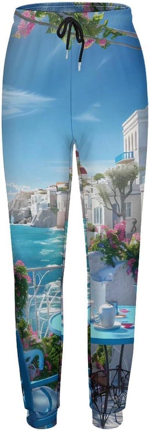 Greek Coffee in Santorini Print Womens Sweatpants Running Joggers Workout Pants with Pockets