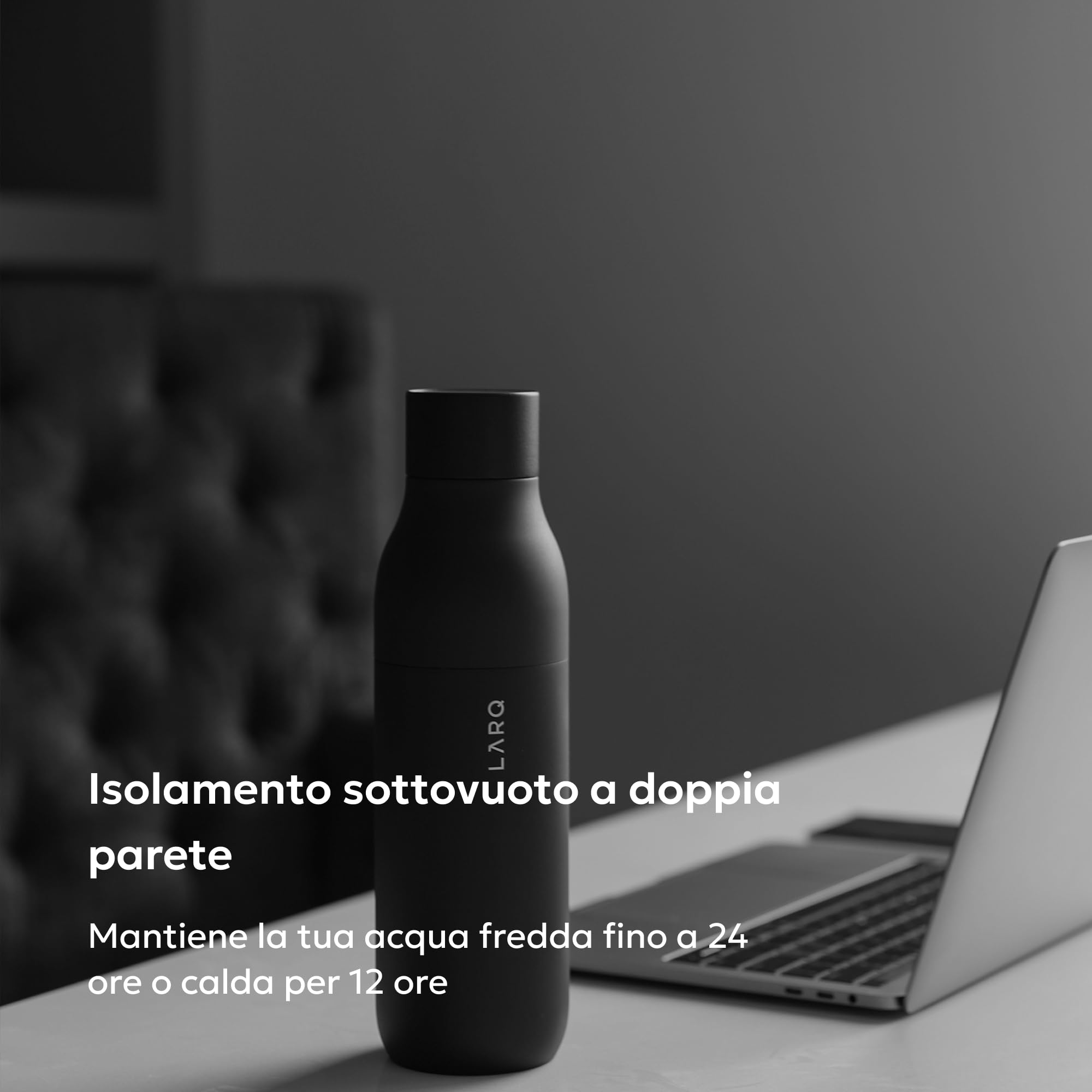 LARQ PureVis 740ml – Borraccia autopulente e isolata in acciaio inox con purificatore UV e design premiato | 24 ore fredda o 12 ore calda | Smart termica, Obsidian Black