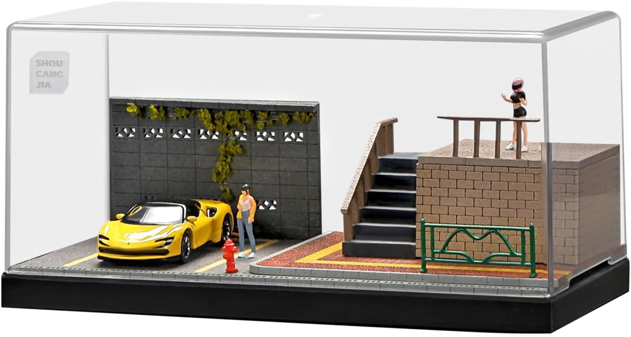 1:64 Scale Diorama Display Case w/ Acrylic Cover – Realistic City Street & Staircase Scene for Hot Wheels, Matchbox, Tomica Cars & Mini Figures – Dustproof Collectible Storage for Desk or Shelf