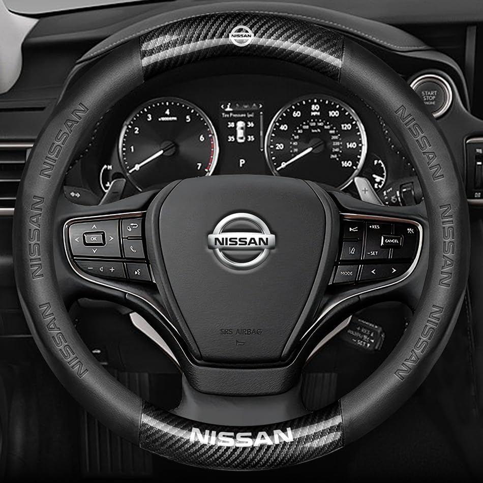 Customized Steering Wheel Cover Compatible with Nissan, Premium Nappa Leather&Bright Carbon Fiber Texture Steering Wheel Cover, with Coasters and 3-in-1 USB Fast Charging Cable (Black)