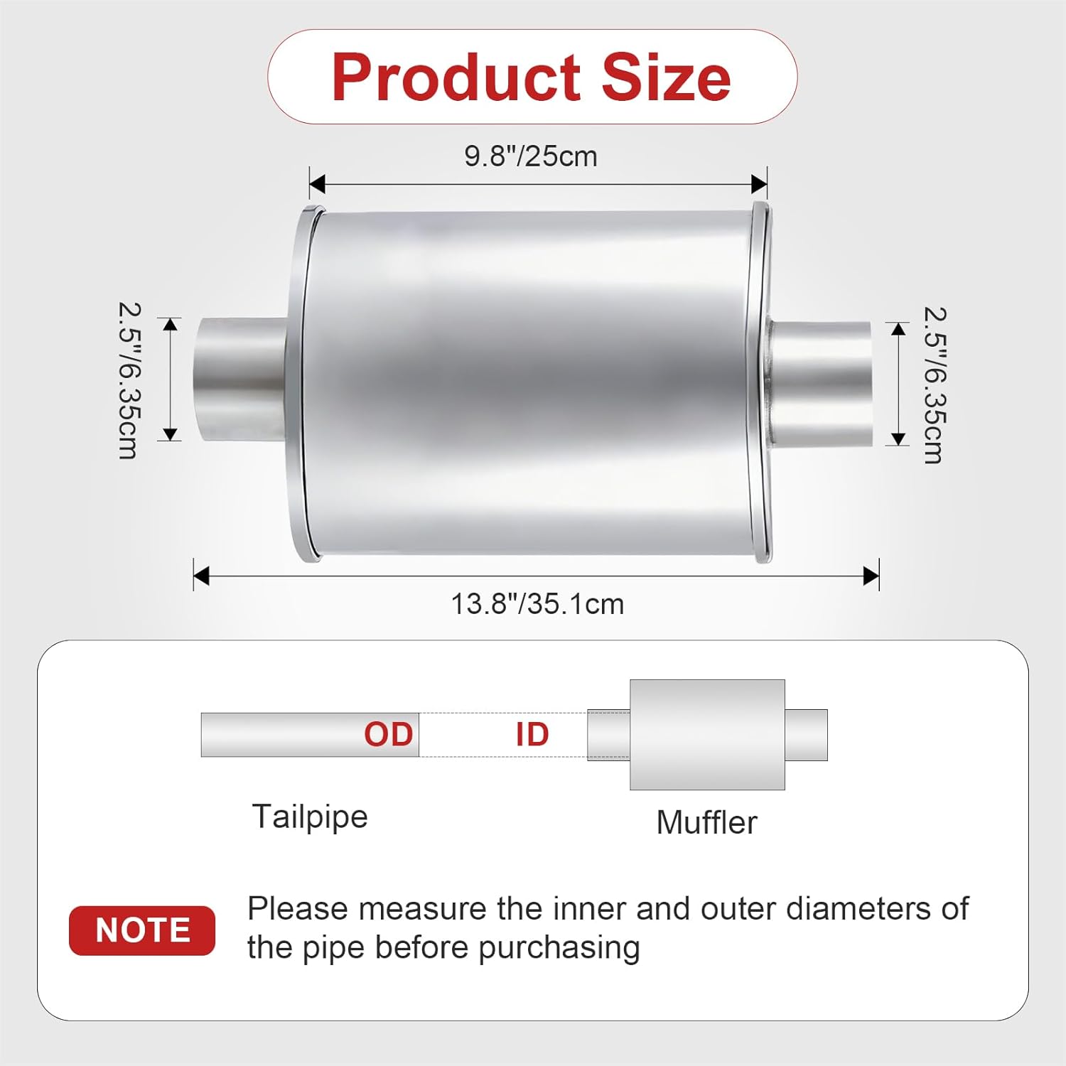Exhaust Resonator Universal 2.5'' Inlet/Outlet for Cars Trucks, Oval Muffler Shape Stainless Steel Straight-Through Performance, Overall Length 13.8", Silver