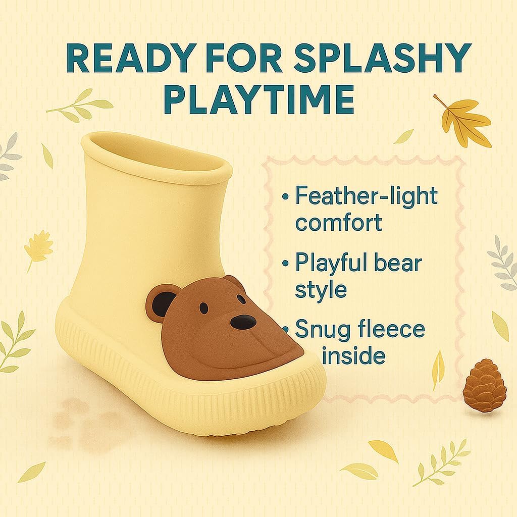 Toddler Rain Boots – Premium Kids Rain Boots for Boys & Girls with Non-Slip Soles – Children's EVA Outdoor Shoes - Beige Bear Paw Design