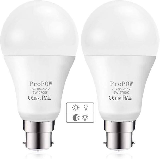 Dusk to Dawn Light Bulb,ProPOW 9W (60 Watt Equivalent) A19 LED Light Sensor Bulbs, Smart Automatic on/Off,Indoor/Outdoor Lighting Bulb for Porch Garage Hallway Patio (Soft White, B22, 2 Pack)