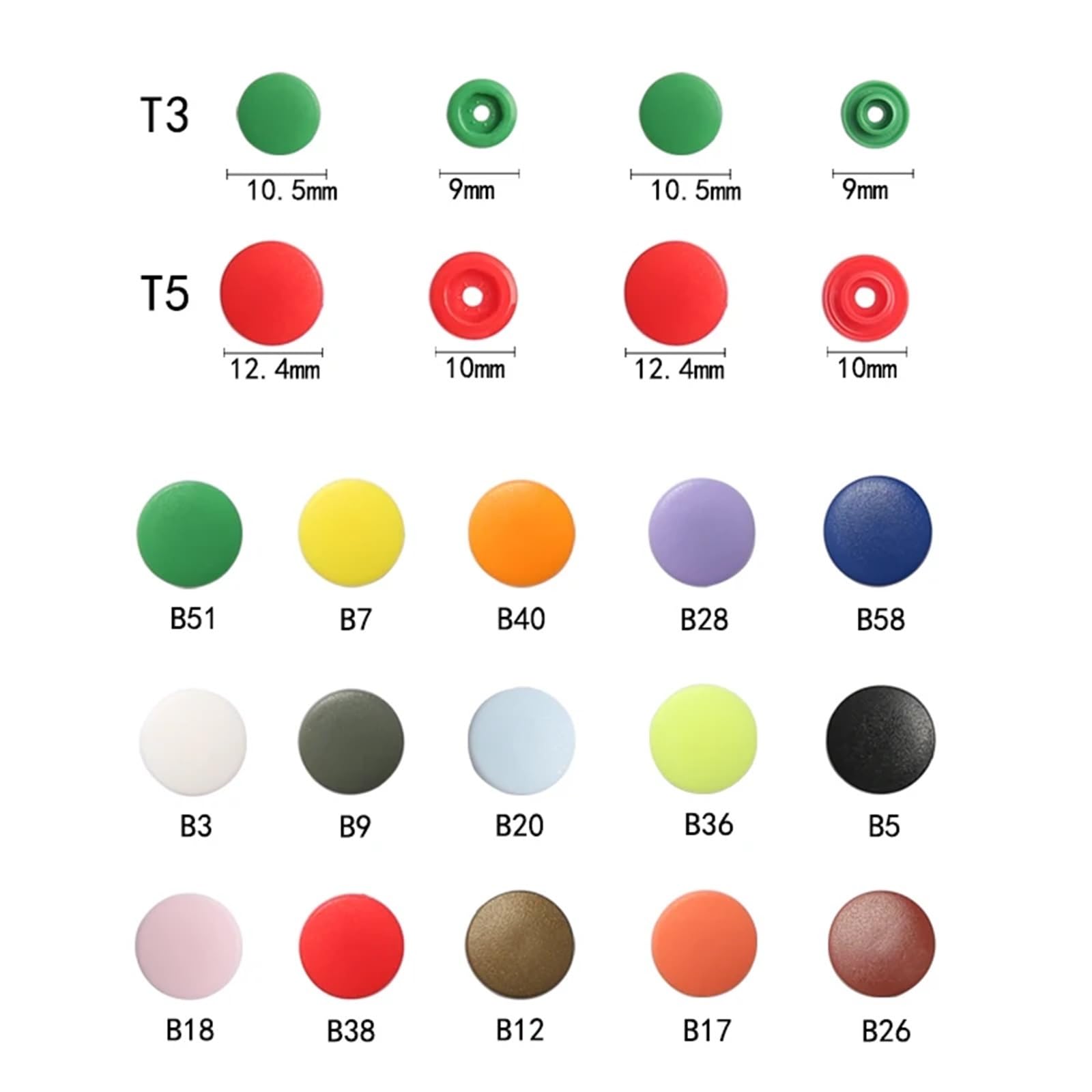 Botones de presión para coser, 1000 juegos de botones de presión de plástico mate, T3/10 mm, T5/12,4 mm, resina, accesorios de ropa (B7)