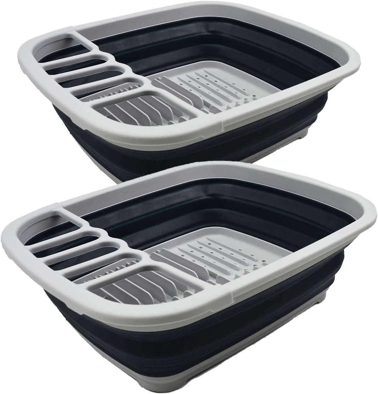 SAMMART 8L (2.11Gallons) Collapsible Plastic Dish Drainer with Drainer Board-Foldable Drying Rack Set-Portable Dinnerware Organizer-Space Saving Kitchen Storage Tray (Grey/Slate Grey (Set of 2))
