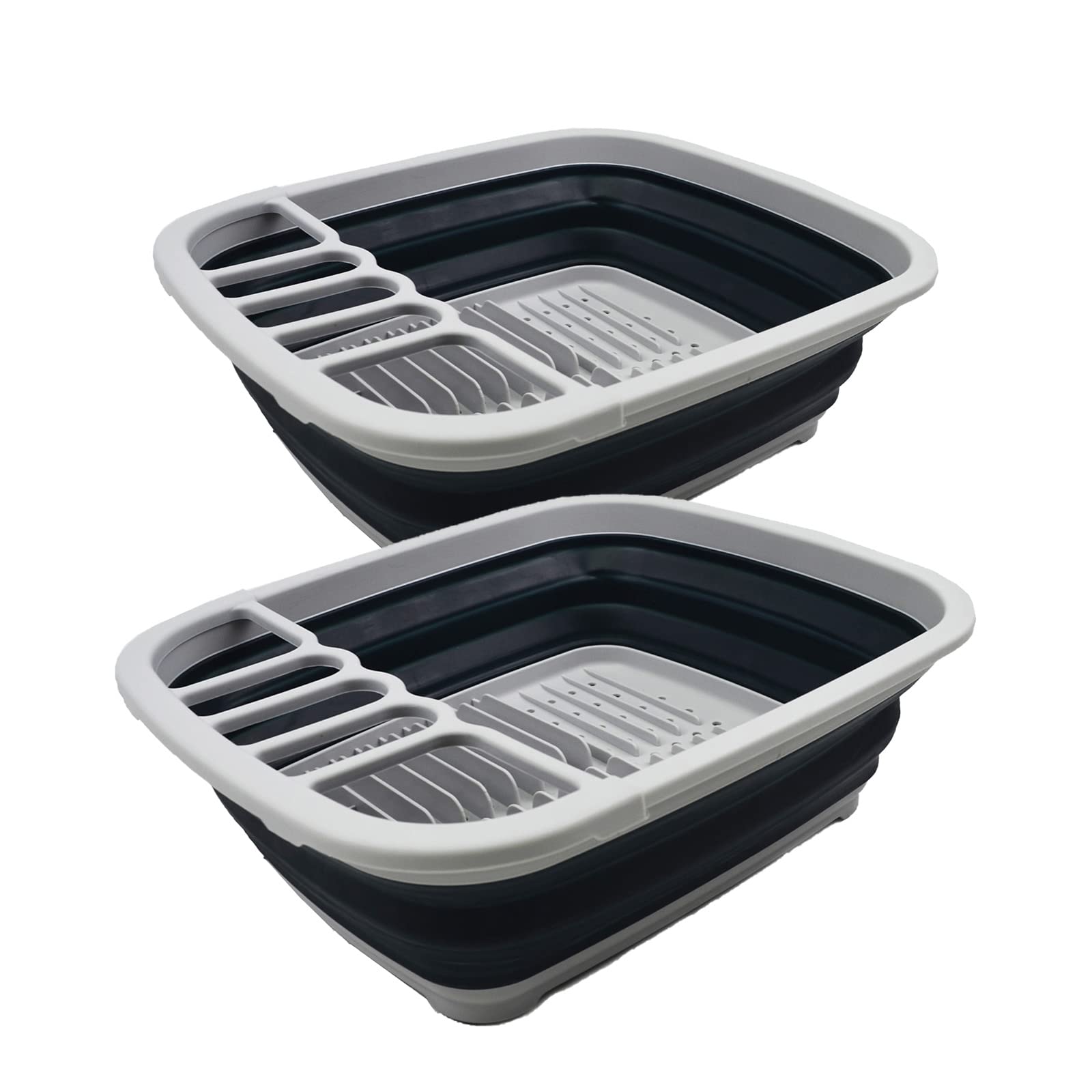SAMMART - 8L Collapsible Dish Drainer - Foldable Drying Rack - Portable Dinnerware Organizer - Space Saving Kitchen Storage Tray (Grey/Slate Grey (Set of 2))