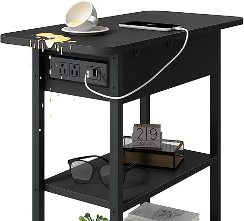Miniatura 7 de LIDYUK Mesa auxiliar con estación de carga, juego de 2 mesas auxiliares estrechas para espacios pequeños, juego de 2 mesas de noche para dormitorio,
