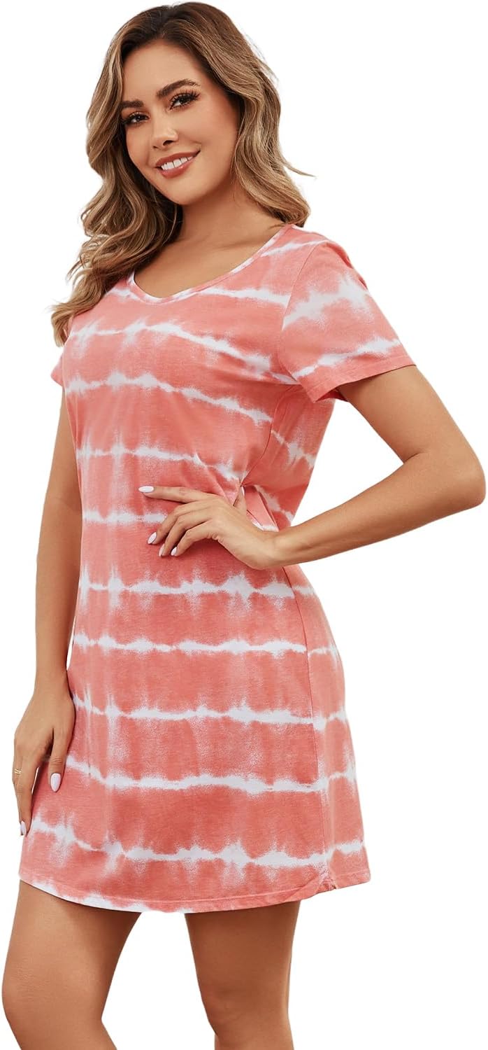 Inadays Women's Cotton Nightgown Sleepwear Short Sleeves Nightshirt Casual Print Sleepdress Loose Comfy Pajama - Image 4