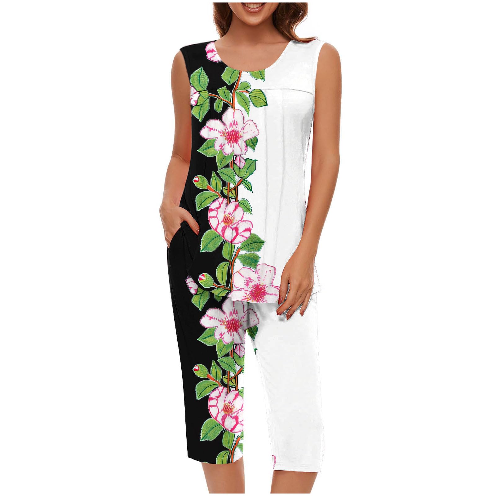 Pajama Sets for Women Summer Plus Size Lounge Sleepwear Loose Sleeveless Tops Printed Bermuda Shorts with Pockets — view 20