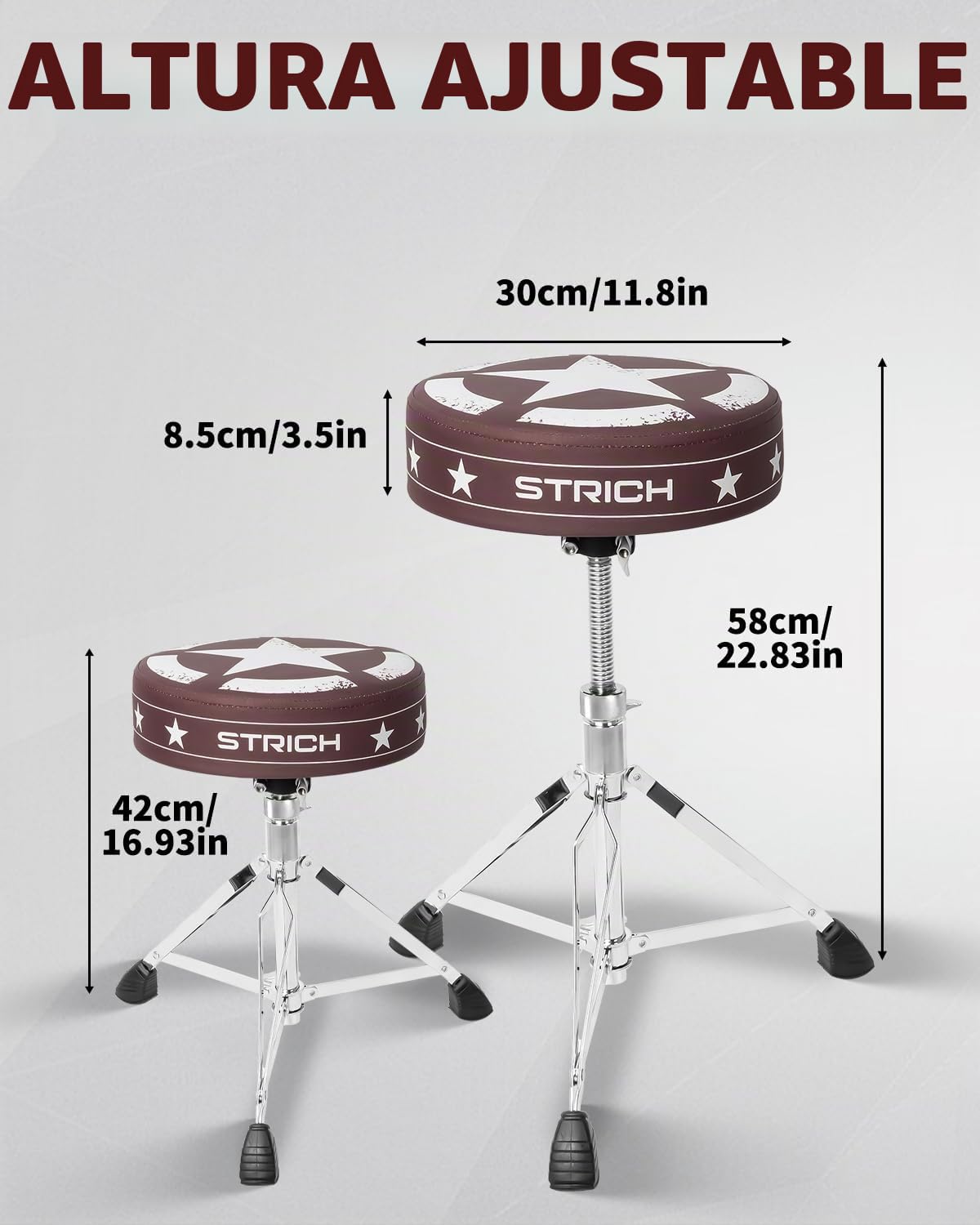 STRICH Trono para batería, Taburete Acolchado con Altura Ajustable, Silla giratoria para batería de Alta Resistencia, diseño Moderno, Taburete Acolchado con Doble Refuerzo y Baquetas, SDB-20P, Marrón