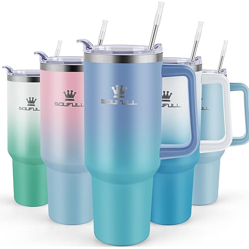 40 oz Tumbler with Handle and Straw Lid, 100% Leak-proof Travel Coffee Mug, Stainless Steel Insulated Cup for Hot and Cold Beverages, Keeps Cold for 34Hrs or Hot for 10Hrs, Dishwasher Safe (LakeBlue)