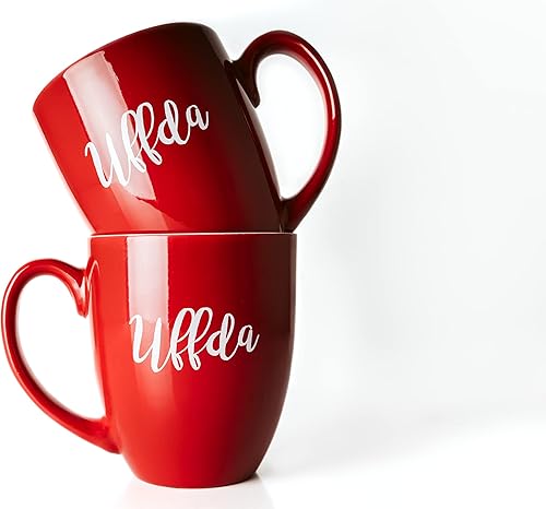 Office Sign Company Taza de café Uffda  Taza de café divertida de Fargo, ND  Taza bistró roja de 16 onzas con tintas mejoradas permanentes  La mejor