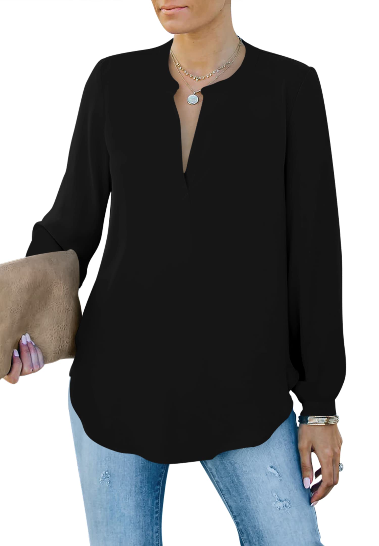 Homlan Blusa Elegante para Mujer, Cuello en V, Manga Larga, Informal, túnica, Camiseta de Manga Larga, Monocolor, Suelta