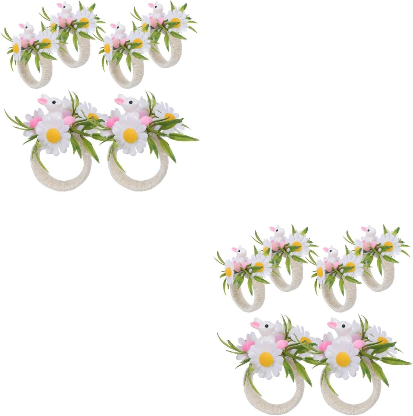 12PCS Easter Bunny Napkin Rings Rustic Jute Rope Holder with Artificial Flower for Spring Banquet Table Party Accessories