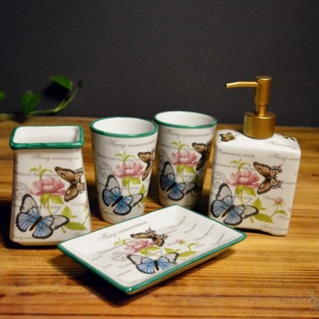 Cuarto de baño de Estilo Chino Cerámica de Grietas de Hielo Cuarto de baño 5 Piezas Soporte de Cepillo de Dientes dispensador de jabón Soporte de jabón Taza de Enjuague Juegos