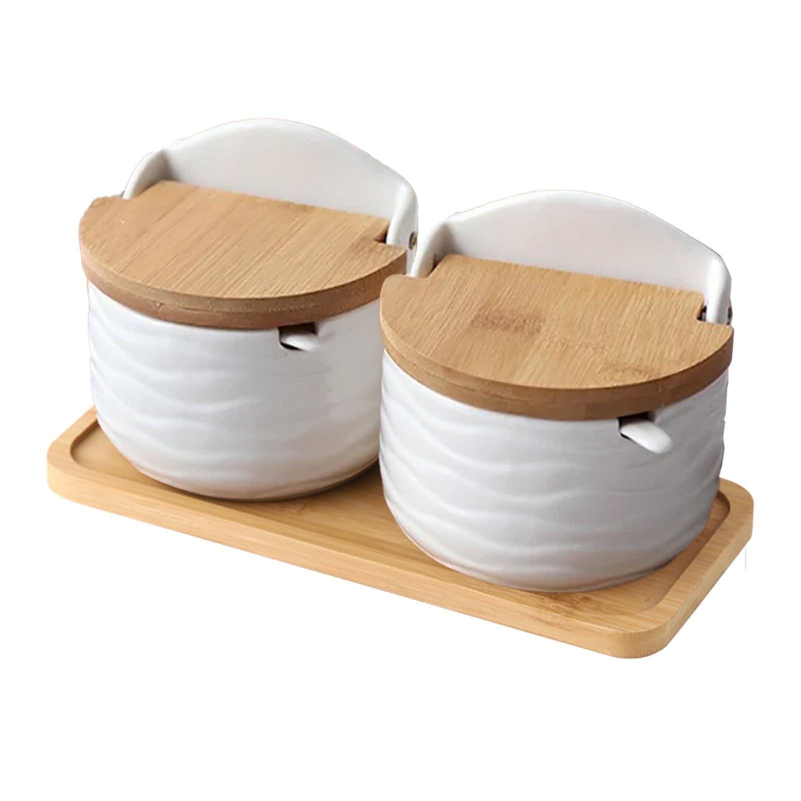 Ceramiczny zestaw pojemników na sól, 2-komorowy słoik na przyprawy z drewnianą pokrywką i łyżkami, do przechowywania ziół, cukru, przypraw i przypraw, elegancka dekoracja blatu