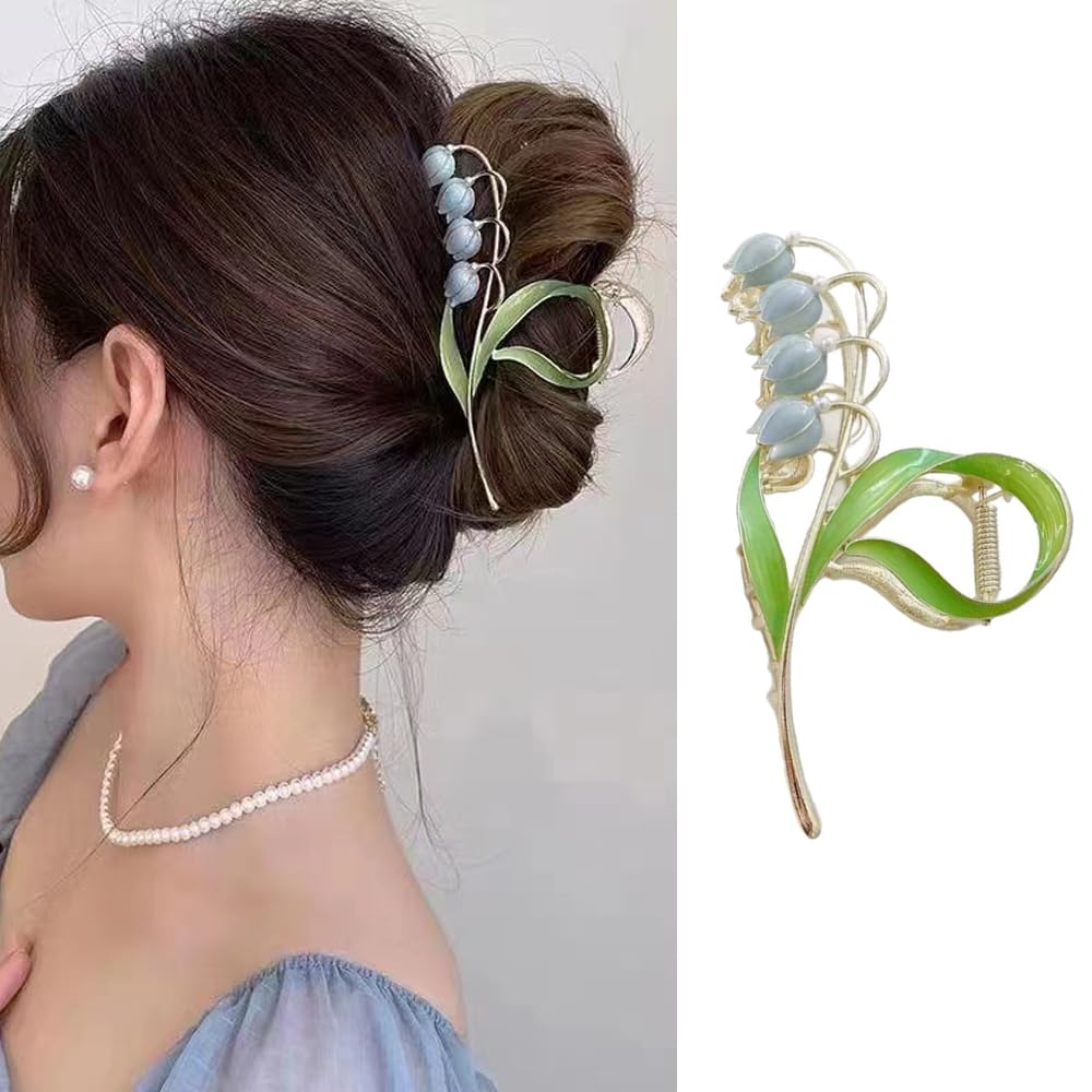 1PCS Blue Lily of the Valley Hair Claw Clip, Elegant Enamel Flower Metal Jaw Clamp, Non-Slip Strong Hold Large Hair Clip for Women, Floral Hair Accessories for Thick & Thin Hair for Daily, Wedding