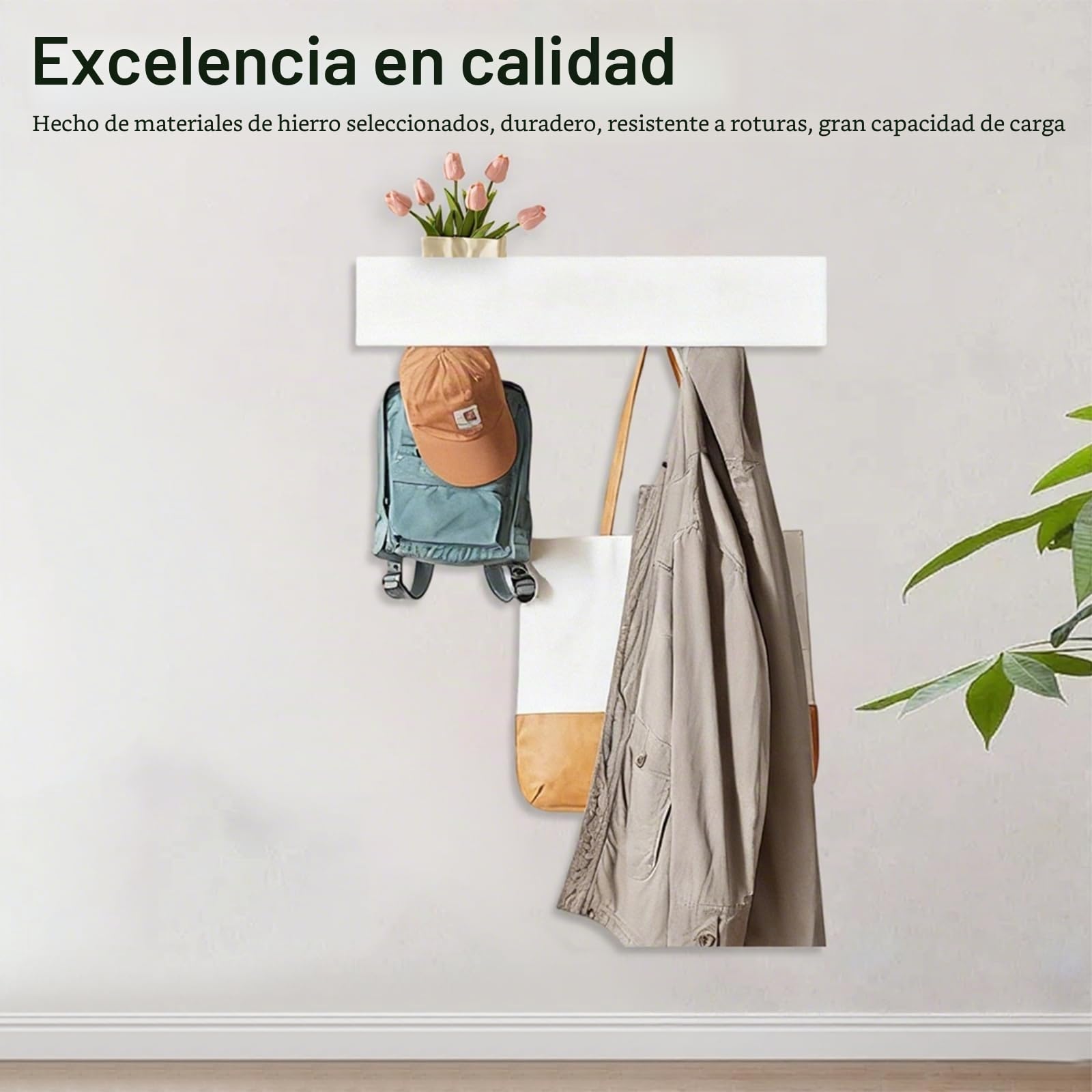 Perchero de Pared con Estante, 43,5 cm, Moderno Colgador de Pared Para Abrigos con 5 Ganchos Ocultos, Perchero Pared Blanco para Entrada, Salón y Dormitorio