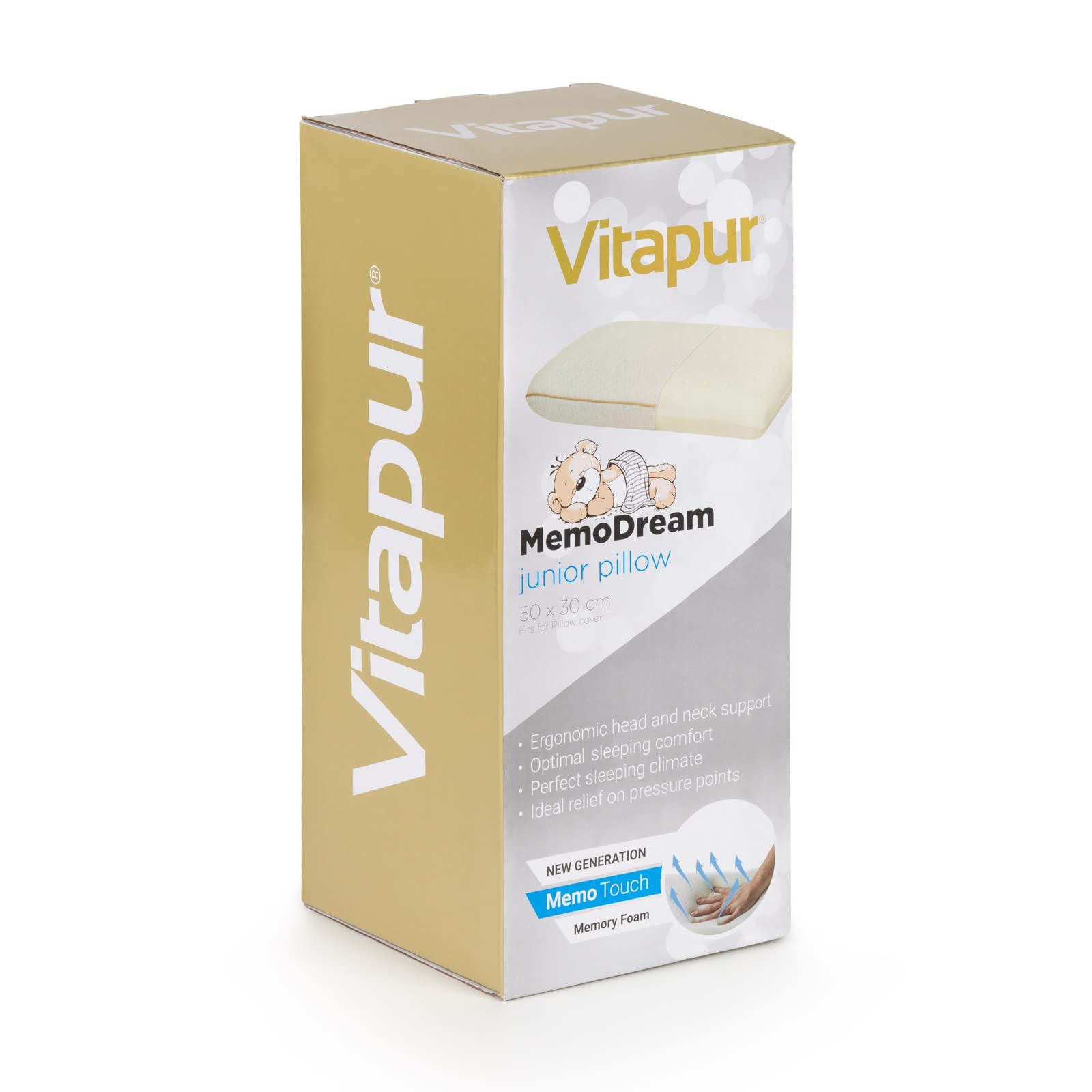 Oreiller Enfant Vitapur MemoDream Junior, Mousse Mémoire de Forme Hypoallergénique, Doux, Lavable, Certifié Oekotex-100, de 3 Ans, 30x50x9 cm.