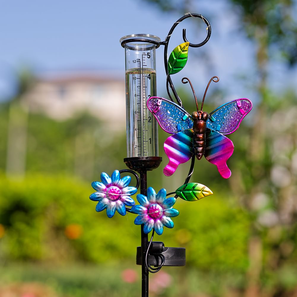 Schmetterlings-Regenmesser mit 12,7 cm Glasrohr, Solar-Regenmesser mit LED-Lichtern, Regenwassermessgerät Dekor für Terrasse, Garten, Hof, Messung von Niederschlag