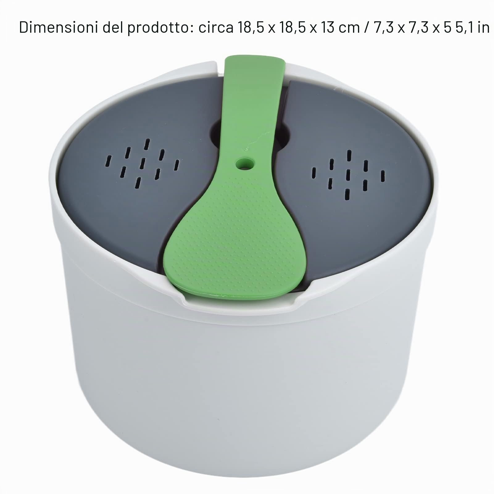 Cuociriso e Pasta a Microonde da 2 Litri - Set Fornello di Riso Con Coperchio, Cucchiaio, Colino e Pentola Fumante - Materiale PP per Alimenti (Verde)