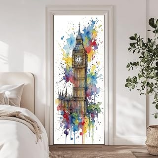 arricraft 2 Sheets Self-Adhesive Door Sticker, 80cmx200cm/31.5x78.7inch Watercolor Graffiti Big Ben Door Murals Stickers PVC Removable Wallpaper Decoration for Bedrooms Living Room