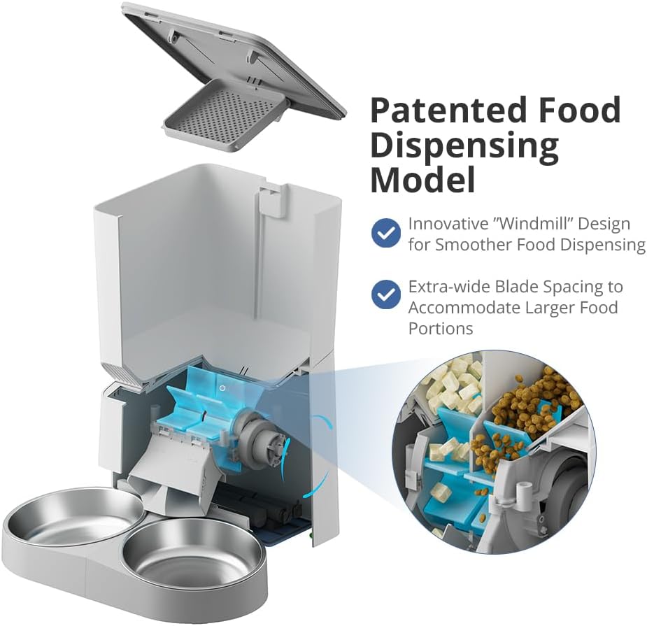 Internal view of the XTUOES Automatic Cat Feeder showing its patented food dispensing model