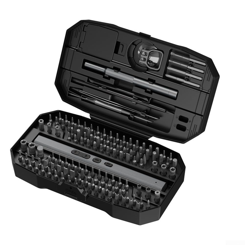 Juego de destornilladores eléctricos, 156 piezas, 5 niveles de par 0,12 – 0,35 Nm, 140 bits magnéticos, batería USB-C con LED, para smartphone, PC, portátil, PS5, reloj Xbox (negro)