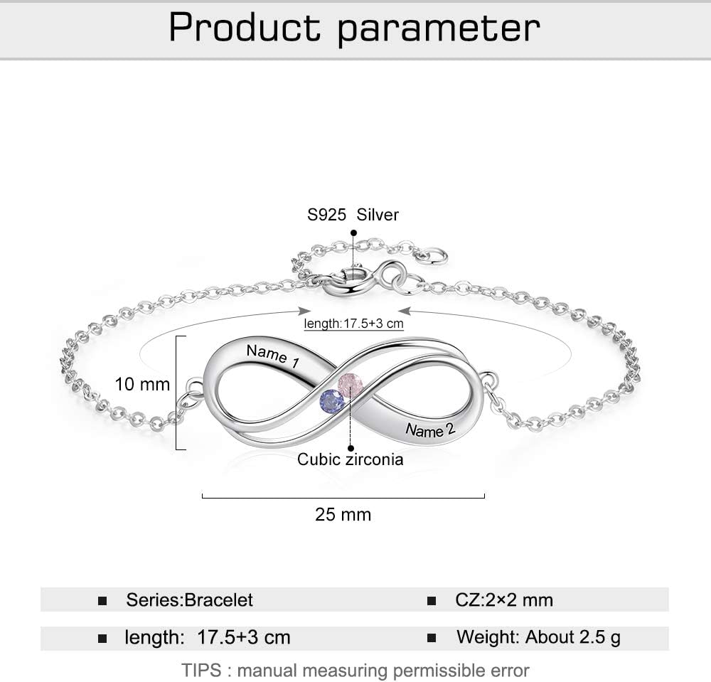Personalized Infinity Love Birthstone Bracelets for Women 925 Sterling Silver Custom Engraved Name Bracelets Mothers Day Christmas Birthday Valentines Day Jewelry Gifts for Her, Wife