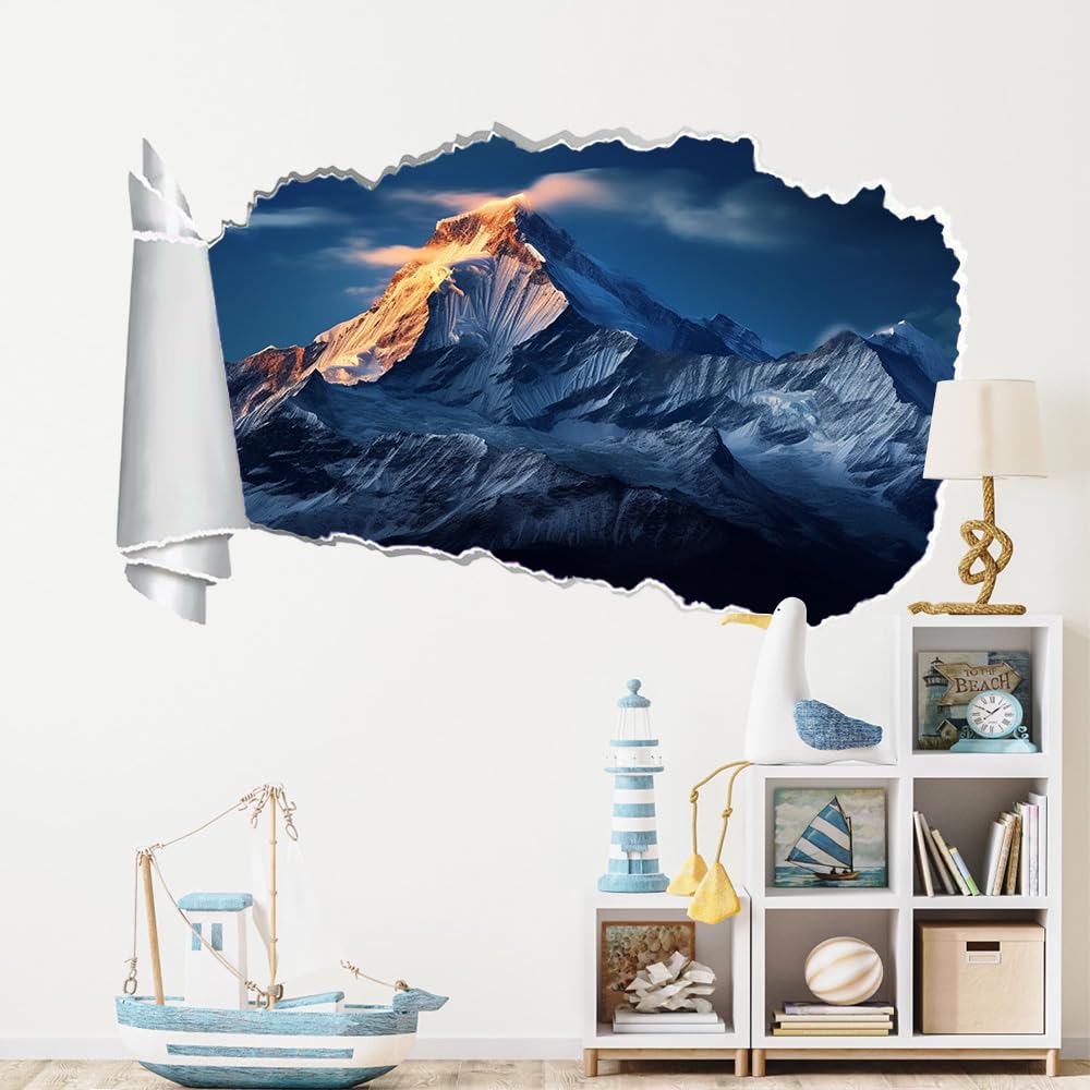 3D Durchbruch Wandtattoo Mädchen Sonnenaufgang Über Den Schneebedeckten Bergen Wandaufkleber Dekorative Naturlandschaft Wandsticker für Junge Teenager Zimmer Wohnzimmer Schlafzimmer Wandbilder Deko