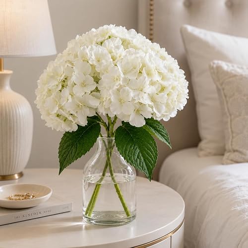 Hydrangea Artificial Flowers in Vase, Weeding Decor, 4Pcs | UV Resistant Silk Faux Hydrangeas with Stems, Fake flowers for Wedding Bouquets, Arrangement Table Office Home Decor, White