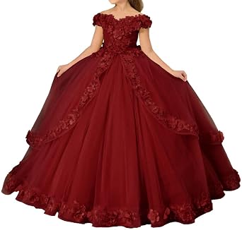 Tulle Flower Girl Dress Off Shoulder Pageant Dresses for Girls Floral Appliques Party Ball Gown Dress for Girls