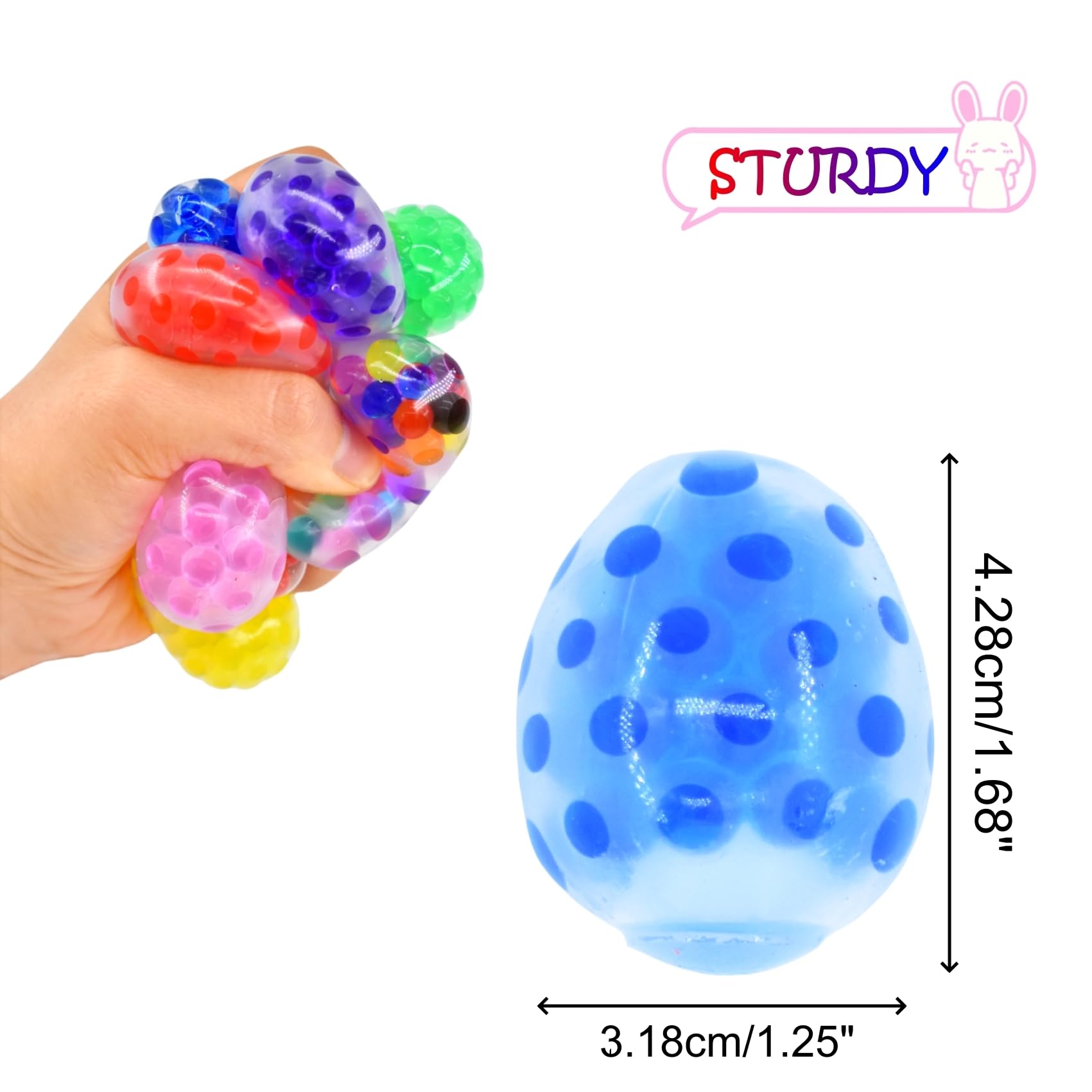 Condition photo showing New/Like New for 24 pack easter stress balls, easter mini eggs squeeze balls squishy fidget toys for easter basket stuffers easter egg fillers party favor gifts