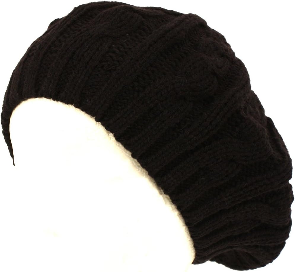 Cable Knit Winter Ski Beret Knit Tam Skull Hat Black