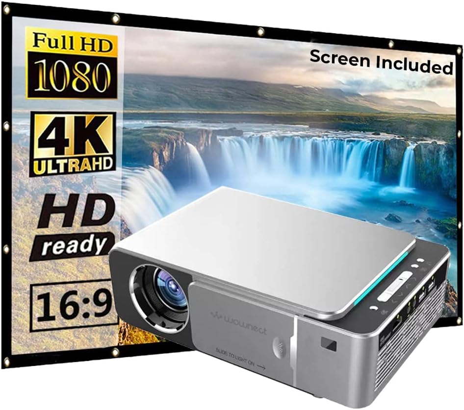 Wownect Android Video Projector With 100 Inch Projector Screen, 3500