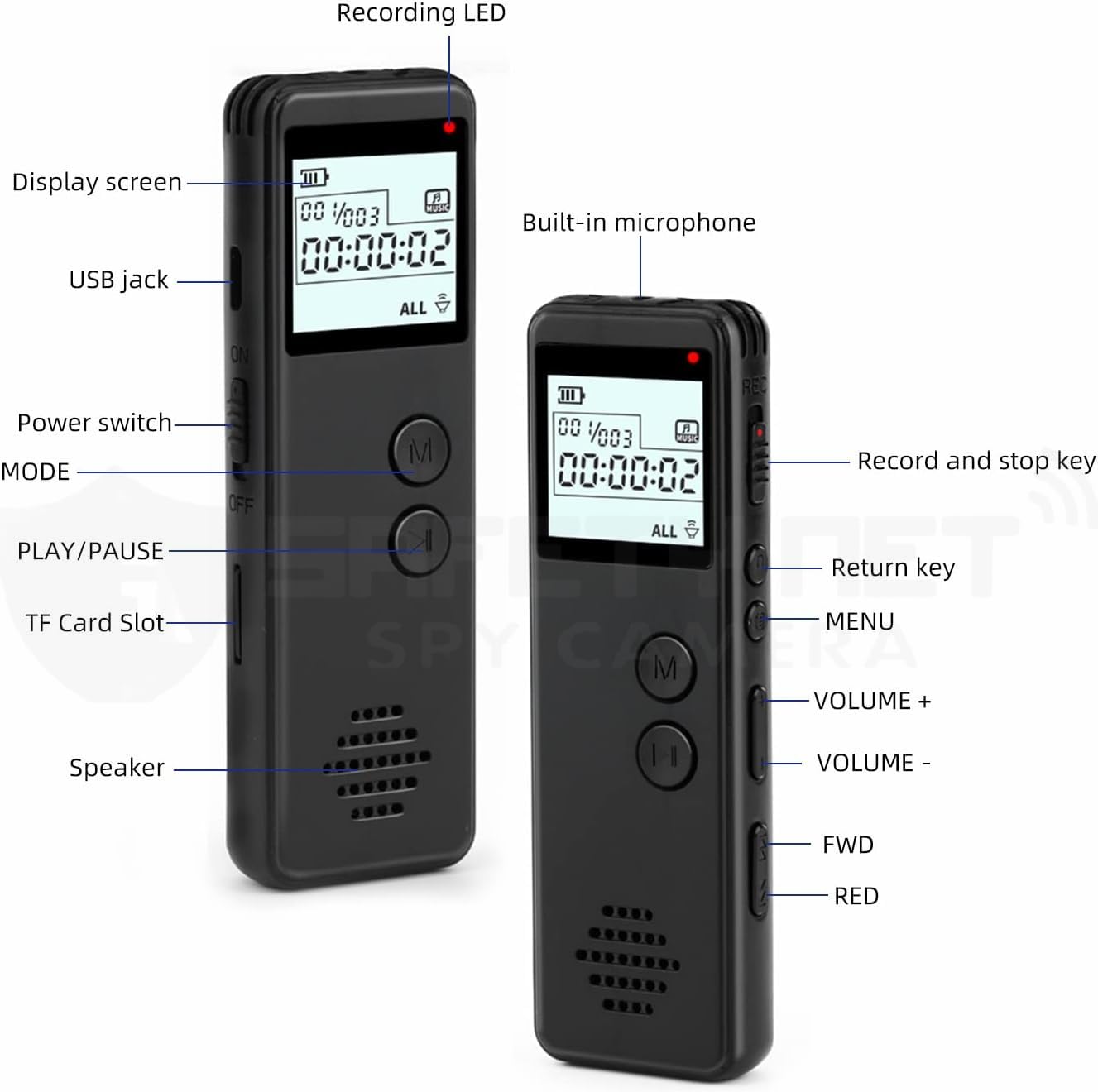 SAFETYNET Audio Recording WAV Player Noise Reduction Interview Business Online Meeting Working Time 10 Hours Support up to 32GB SD Card 2