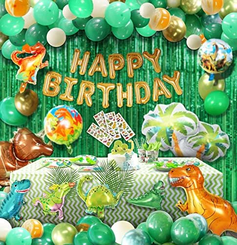 Party Spot! 282 Pcs Upgrade Dinosaur Birthday Party Supplies, Dinosaur Party Decorations For Boys, Dinosaur Foil Balloon, Sticker, Banner, Balloon Inflator, Plates, Cups, Rain Curtains for 25 Guests