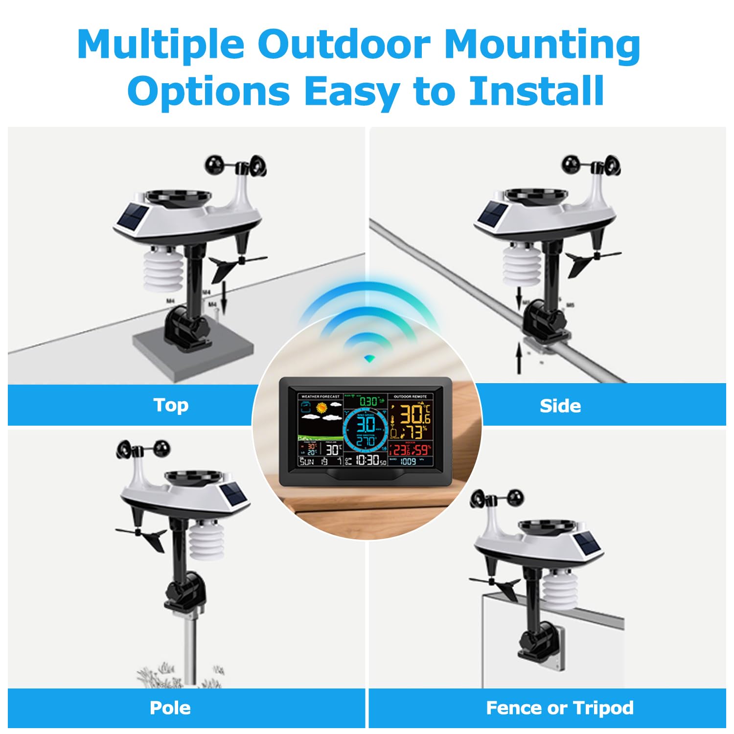 Stazione meteo wireless con sensore esterno, velocità del vento e pluviometro 10 in 1, monitor di umidità della temperatura, barometro, previsioni meteo, calendario e sveglia, display LCD per la casa