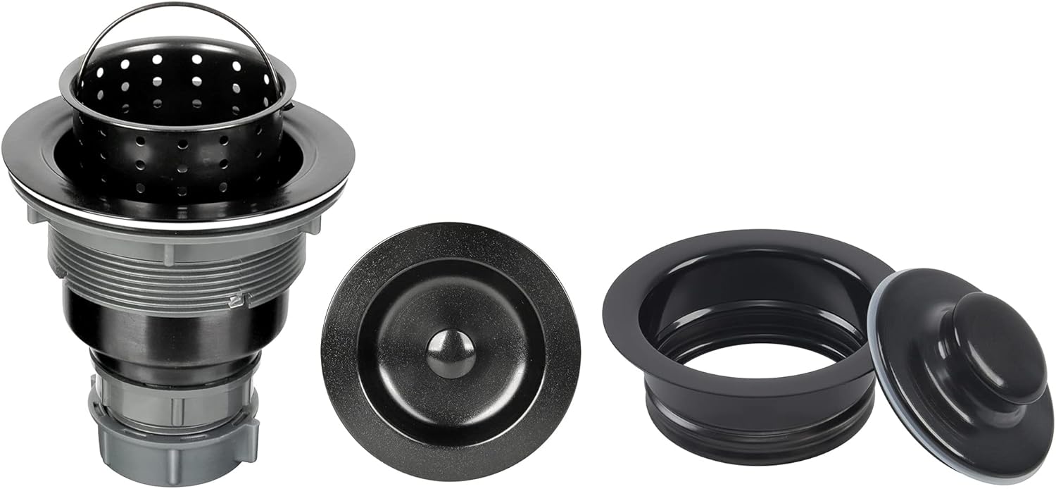LQS Kitchen Sink Drain Assembly, Kitchen Sink Strainer with Deep Removable Waste Basket, Kitchen Sink Garbage Disposal Flange and Sink Stopper, fit 3-1/2 Inch Standard Sink Drain Hole Color Black