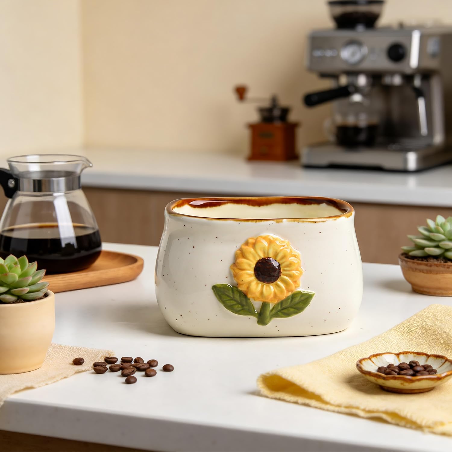 Sizikato 2 Pcs Porcelain Sugar Packet Holders Tea Bag Bowls, Cute Sunflower Relief, 3.2 Inches