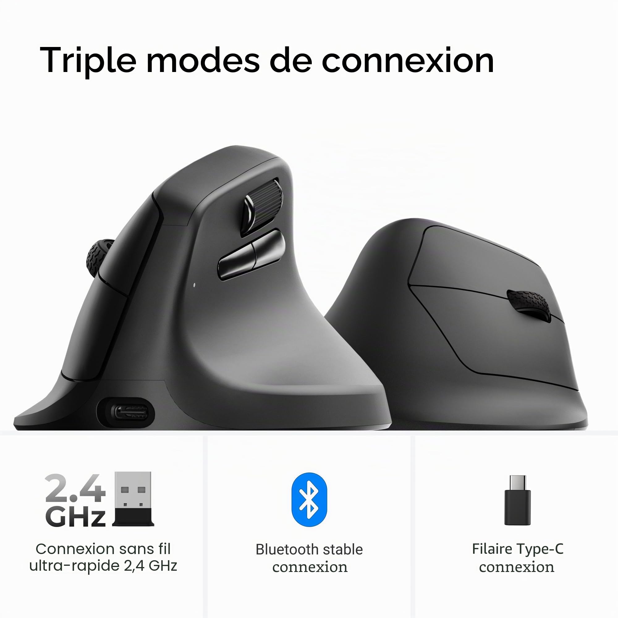 Keychron M5 Souris ergonomique sans fil 8000 Hz tri-mode 2,4 GHz/Bluetooth 5.1/filaire, capteur PixArt 3950, 30 000 DPI, bouton macro ergonomique léger programmable pour Windows PC/Mac – Noir