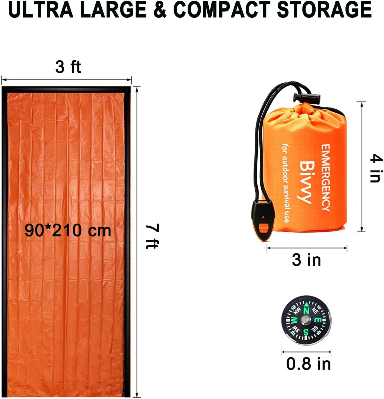 2 Pack Emergency Sleeping Bag with Whistle & Compass, Survival Bivy Sack Bivvy Bag, Portable Camping Bivy Sacks, Waterproof Lightweight Emergency Blanket for Camping Hiking Outdoor Adventure, Orange