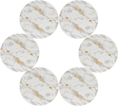 Round Placemats Set of 6, White Marble Print Gold Texture Heat Resistant Washable Place Mats Table Mat for Kitchen Dining Party