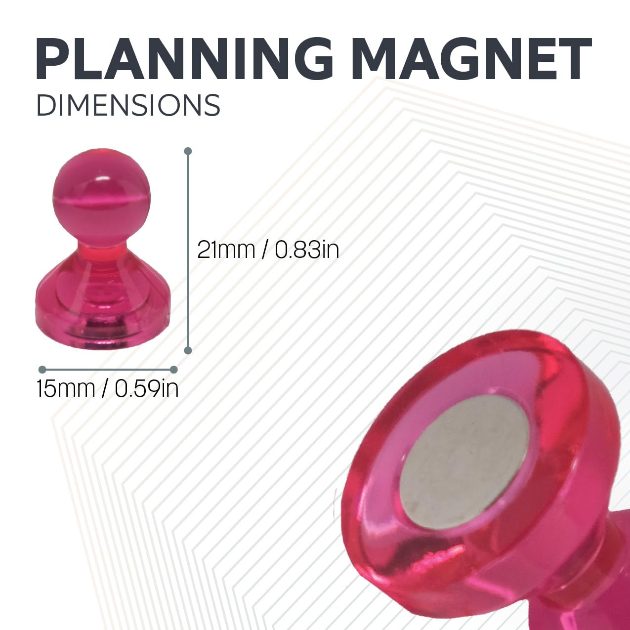 Aimant á Broches á Poussée Acrylique Rose Moyen pour Réfrigérateur, Tableau Blanc, Tableau D'Affichage 15mm dia x 21mm de Haut - Pack de 100