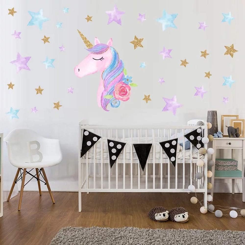 Unicorn Wall Decor Sticker Unicorn Wall Decals Pictures for Children Bedroom with Stars Flower Birthday Christmas Gifts for Boys Girls Kids Room Decor Nursery Home Decor (Unicorn Stars) - Image 3